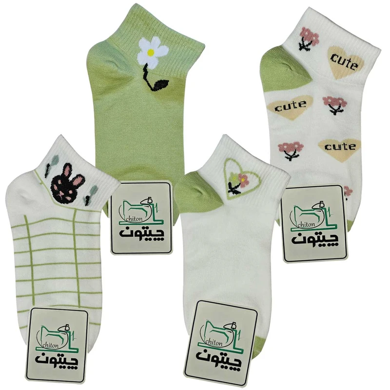جوراب ساق کوتاه زنانه چیتون مدل گلدار نخی بسته 4 عددی