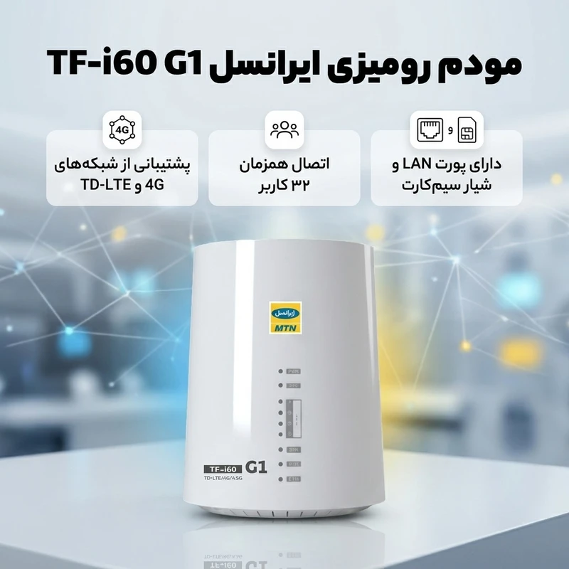عکس شماره 2 : مودم رومیزی 4g-td-lte ایرانسل مدل tf-i60 g1 با پشتیبانی تا 32 کاربر، آنتن mimo 4x4، پورت lan، به همراه سیم کارت 4g و td-lte با 300 گیگ اینترنت 6 ماهه تک نت و منبع تغذیه برق شهری