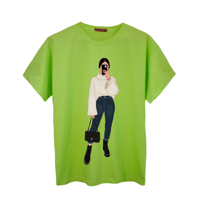 تی شرت آستین کوتاه زنانه مدل دخترک ایستاده رنگ سبز
