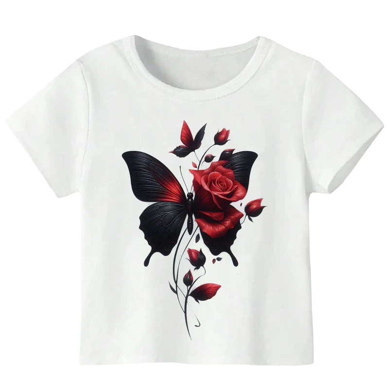 تی‌شرت آستین کوتاه دخترانه مدل W159 طرح گل رز و پروانه