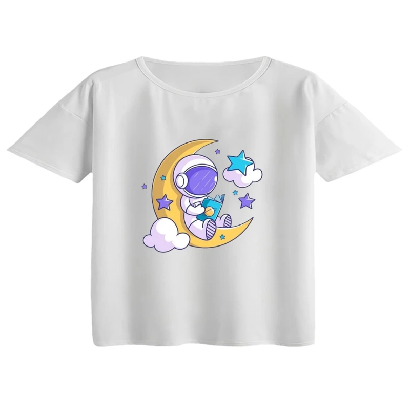 کراپ تی‌شرت آستین کوتاه زنانه مدل فضانورد و ماه کد 1