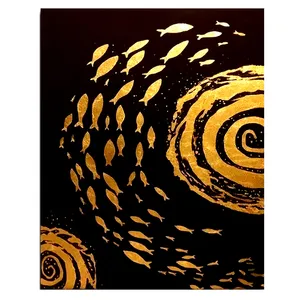 تابلو نقاشی ورق طلا مدل موج و ماهی کد 0033