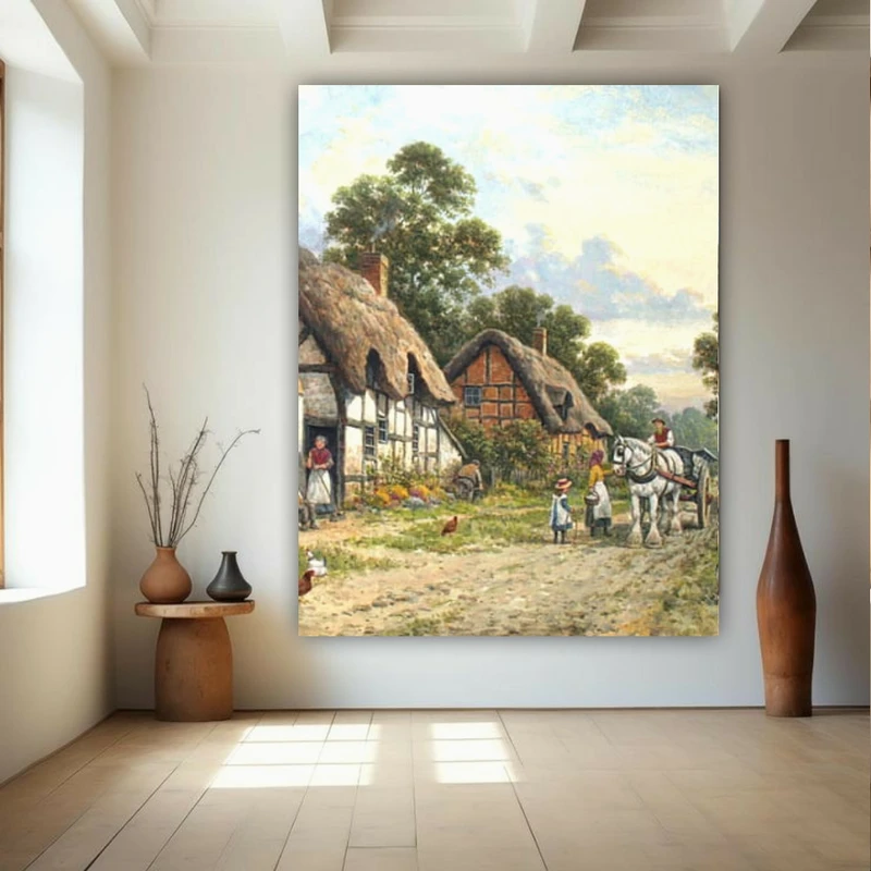 پوستر پارچه ای طرح مخمل خانه های کاه گلی مدل کالاسکه اسب کد BK24267