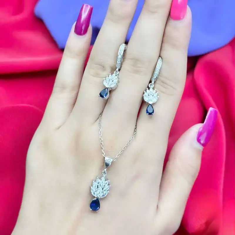 نیم ست نقره زنانه مدل گندم نگین کبود BARF 19