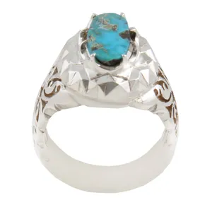 انگشتر نقره مردانه بازرگانی میلادی مدل سنگ فیروزه طبیعی نیشابور رکاب دست ساز سیاه قلم کد AM_1621