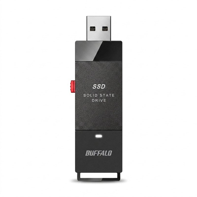حافظه SSD قابل حمل 2 ترابایت بوفالو مدل External SSD PUT2.0U3B US Portable با سرعت خواندن 600 مگابایت بر ثانیه، رابط USB کشویی و تبدیل USB-C، مقاوم در برابر شوک، لرزش و گرد و غبار