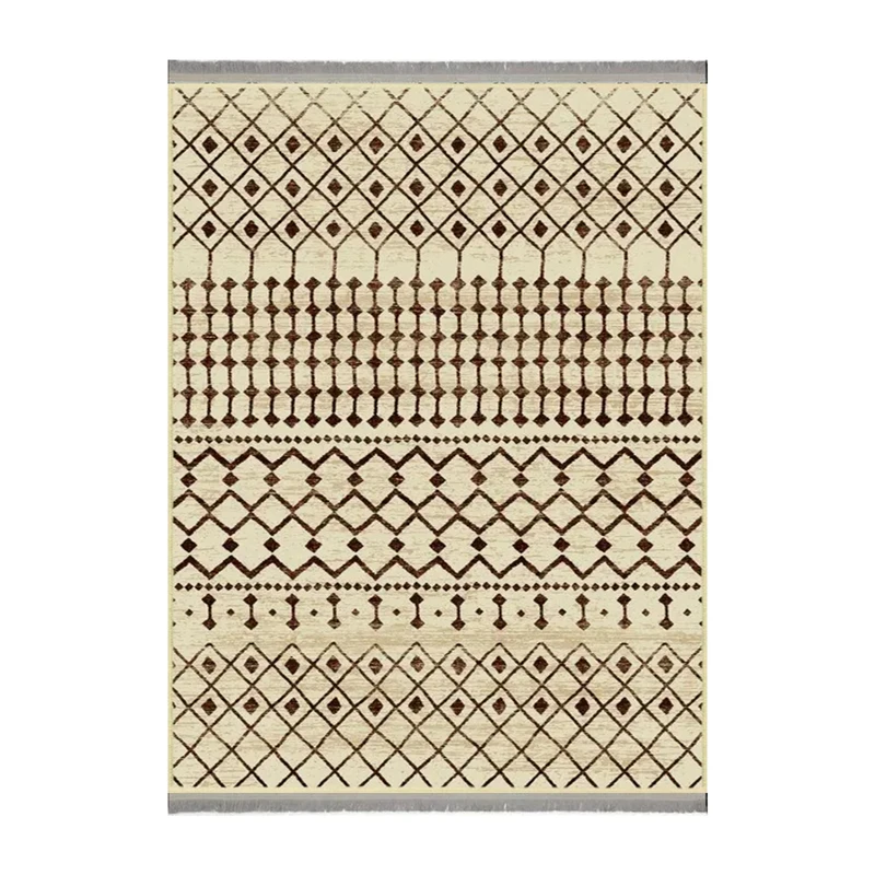 فرش ماشینی 1000 شانه زمینه کرم - قهوه‌ای حاشیه بژ هانوکس مدل مراکشی کد MHX.009.5