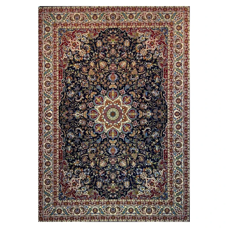 فرش ماشینی 700 شانه زمینه سرمه‌ای حاشیه کرم مدل آکرولیک قشقایی کد 111 تراکم 2100