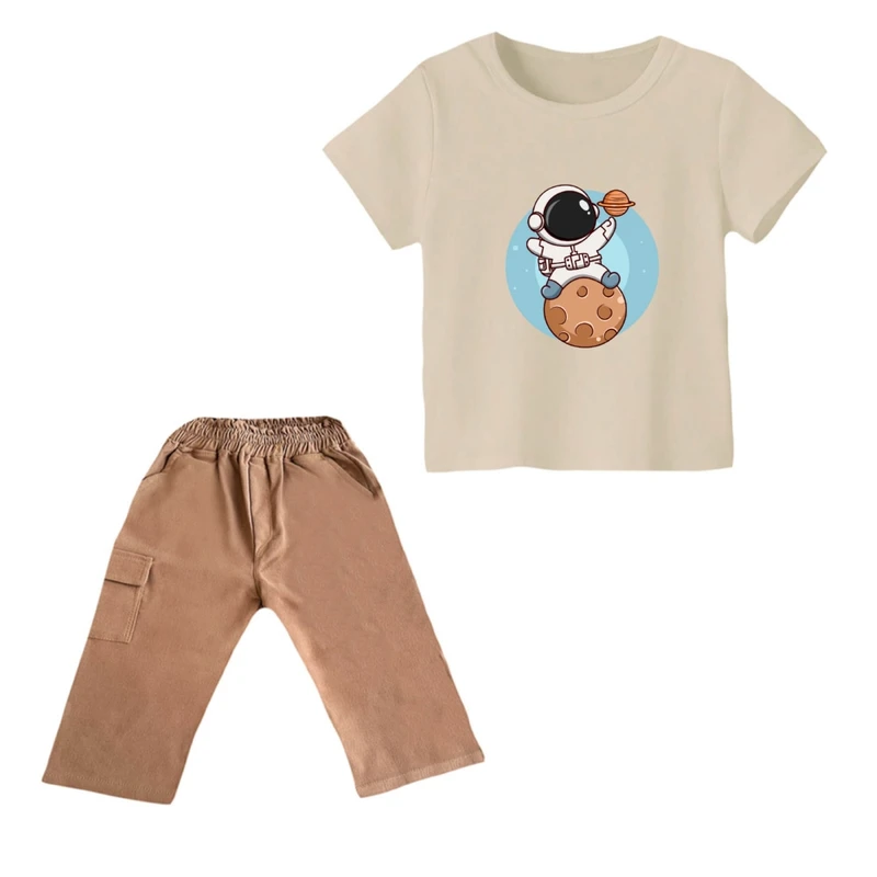 ست تی شرت و شلوارک پسرانه مدل فضانورد کد ۱۸ رنگ کرم