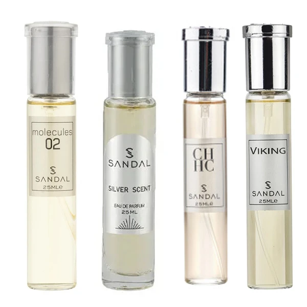 عطر جیبی مردانه صندل مدل مولکول سیلورسنت سی اچ وایکینگ با رایحه تلخ حجم 25 میلی‌لیتر مجموعه 4 عددی