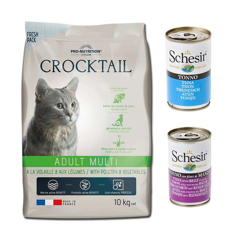 غذای خشک گربه فلاتازور مدل مرغ و سبزیجات وزن 10 کیلوگرم به همراه کنسرو شسیر تن و بیف