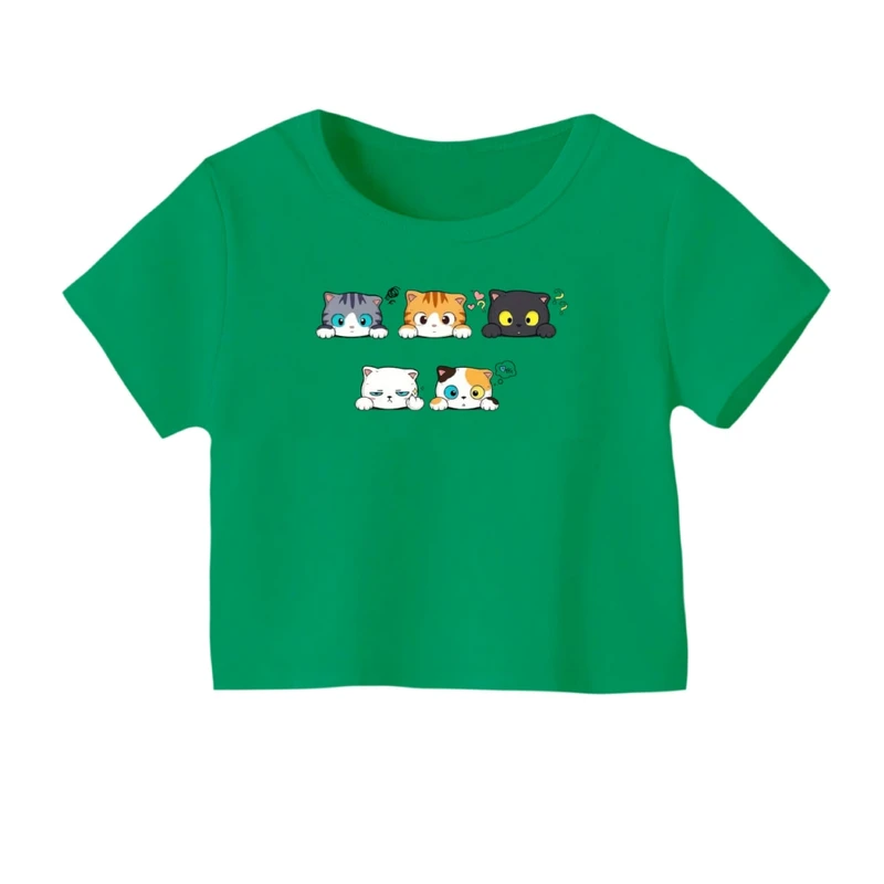 کراپ‌ تی‌شرت آستین کوتاه زنانه مدل گربه های متعجب