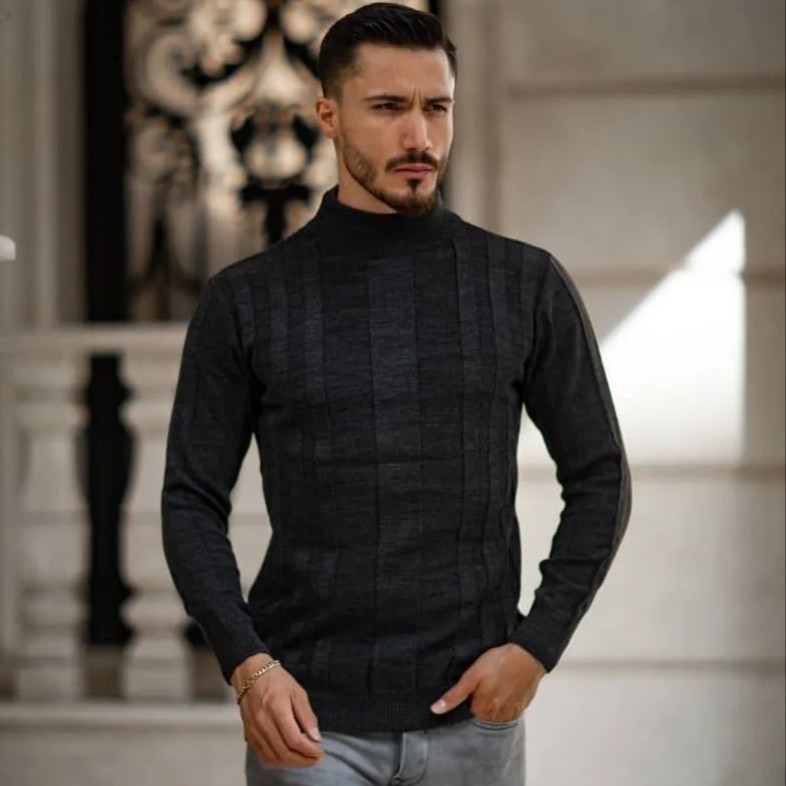 پلیور مردانه مدل یقه ایستاده رنگ ذغالی