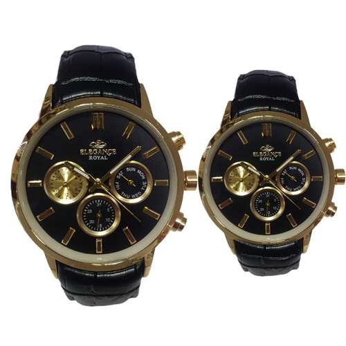 ست ساعت مچی عقربه ای زنانه و مردانه الگانس مدل بند چرمی کد 88se28el