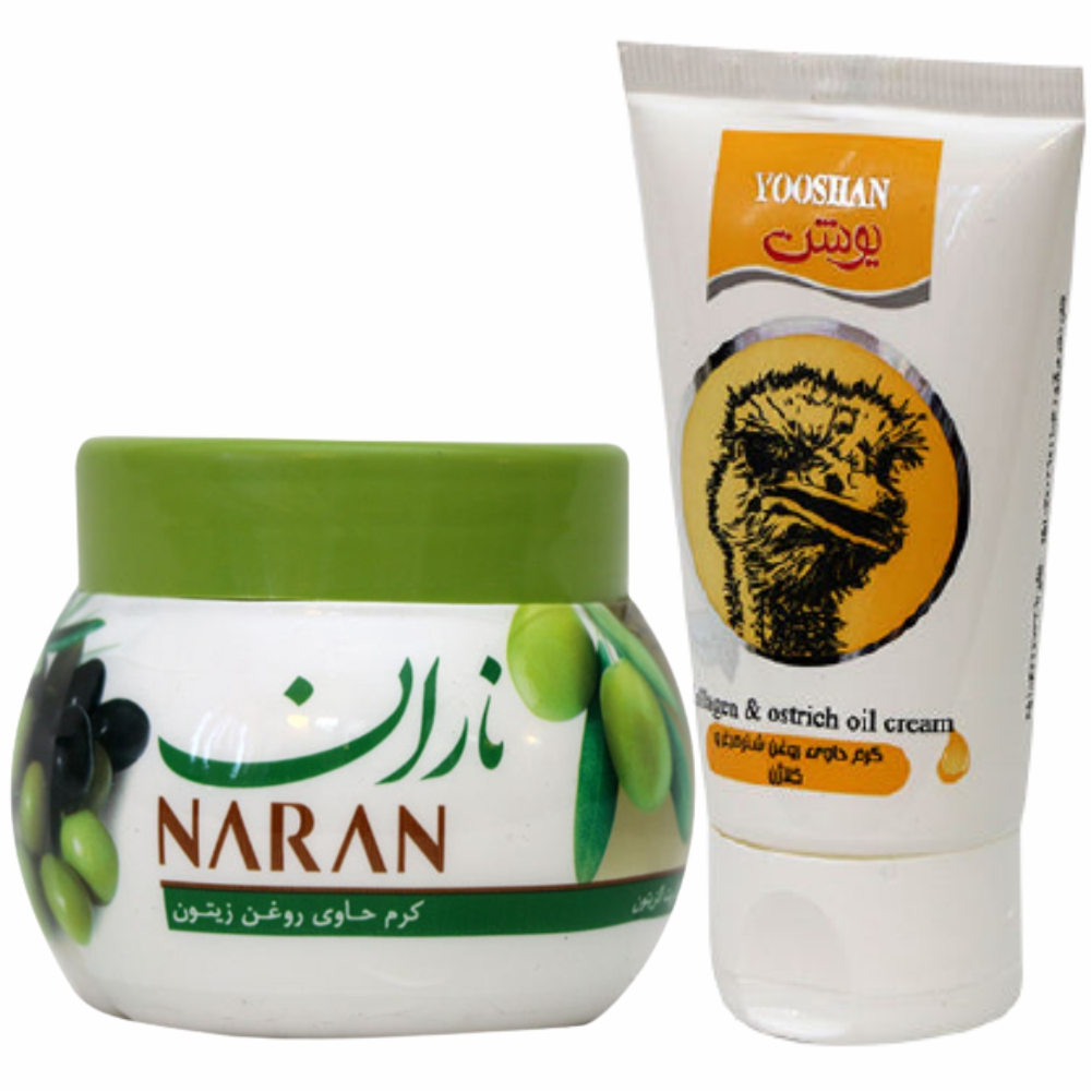 کرم مرطوب کننده یوشن مدل شتر مرغ حجم 50 میلی لیتر به همراه کرم مرطوب کننده ناران مدل زیتون حجم 180 میلی لیتر