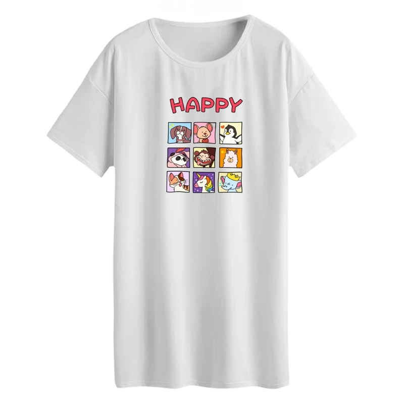 تی شرت لانگ زنانه مدل حیوانات شاد