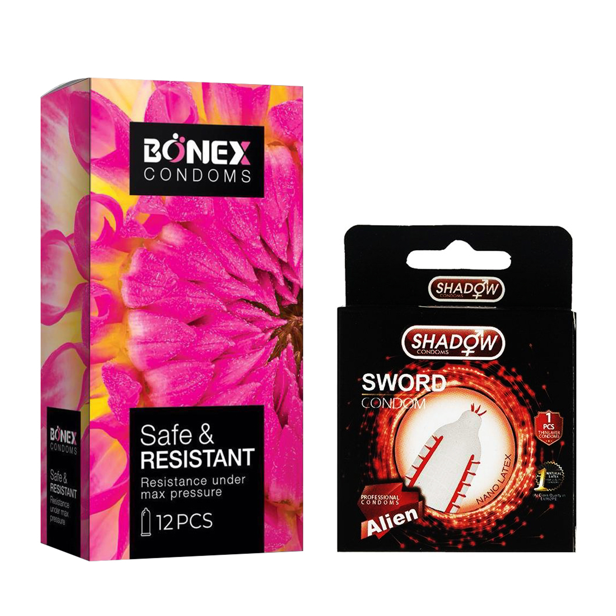 کاندوم بونکس مدل Safe & Resistant بسته 12 عددی به همراه کاندوم شادو مدل Sword