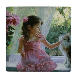 زیر لیوانی  طرح نقاشی دختر بچه و گربه کد    5862639_4349