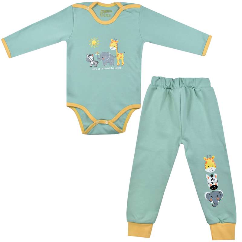 ست بادی آستین بلند و شلوار نوزادی مانینی مدل زرافه کد 2 رنگ  سبز