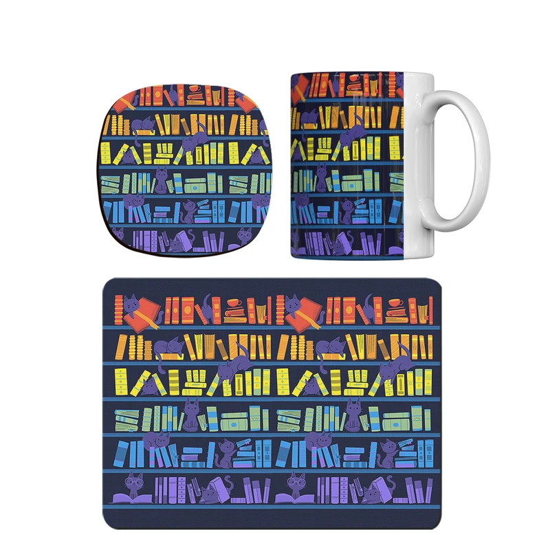 ماگ ترمه طراحان ایده مدل گربه و کتابخانه رنگی کد strm0056 همراه با زیر لیوانی و موس پد