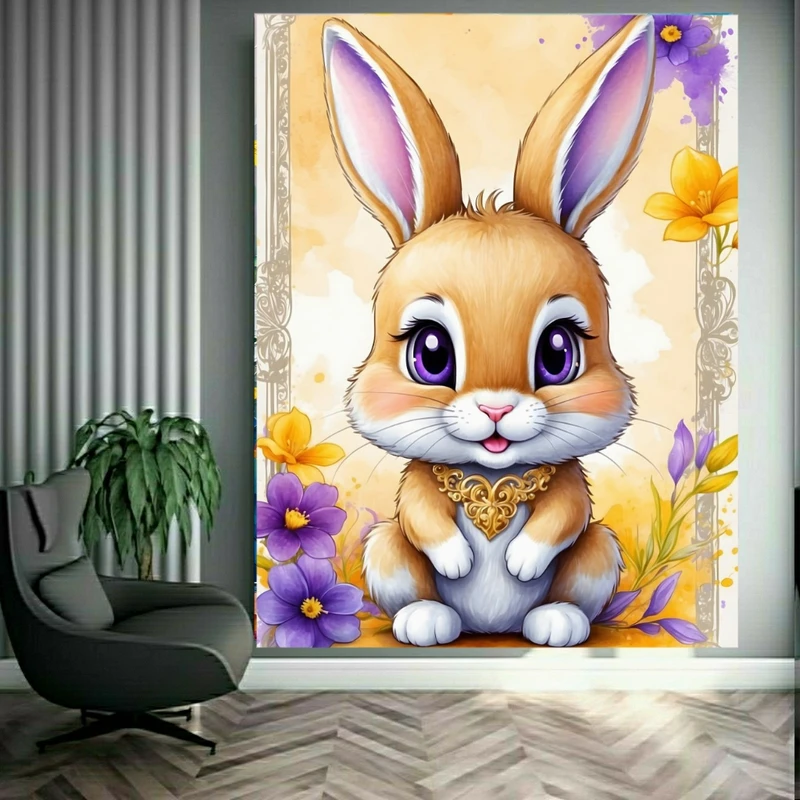 پوستر دیواری طرح خرگوش طلایی مدل گل بنفشه کد BK2238