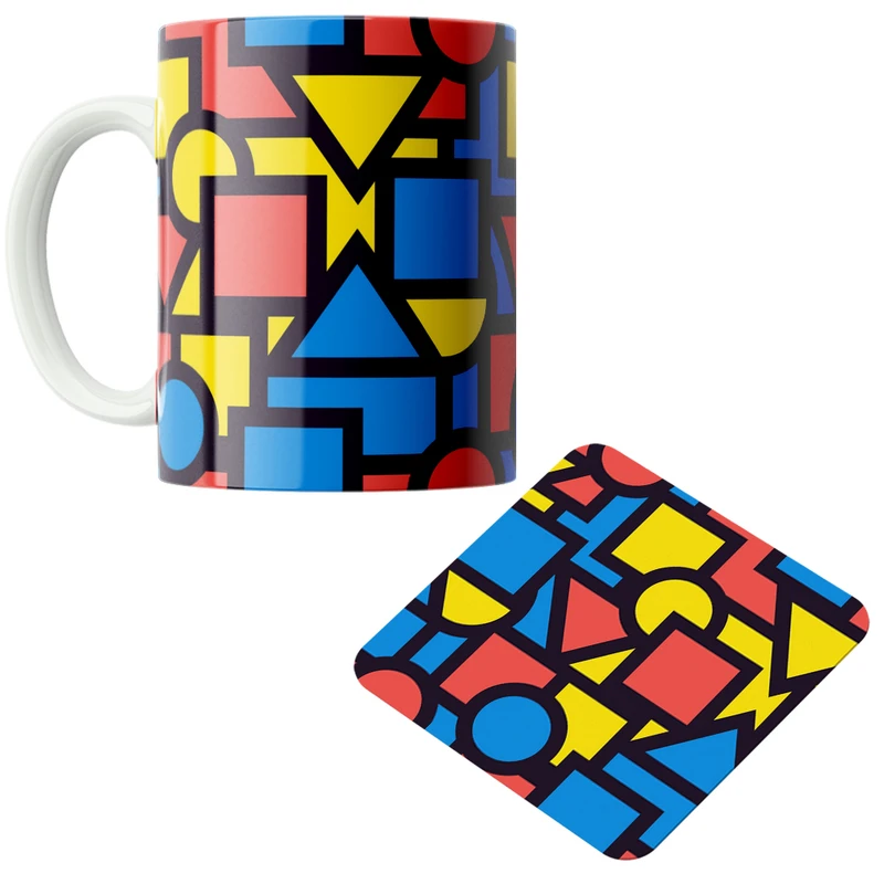 ماگ پاد آفرین مدل اشکال هندسی رنگی کد DKC525 به همراه زیر لیوانی