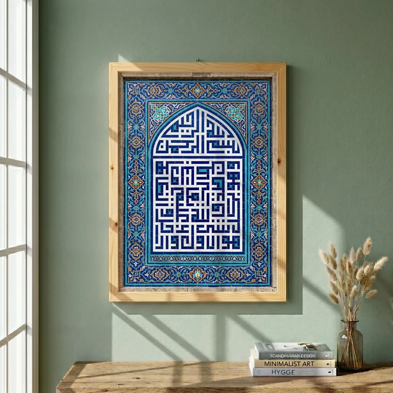 تابلو طرح کاشی کاری هو الاول و الآخر مدل G15386 فریم کرم روشن
