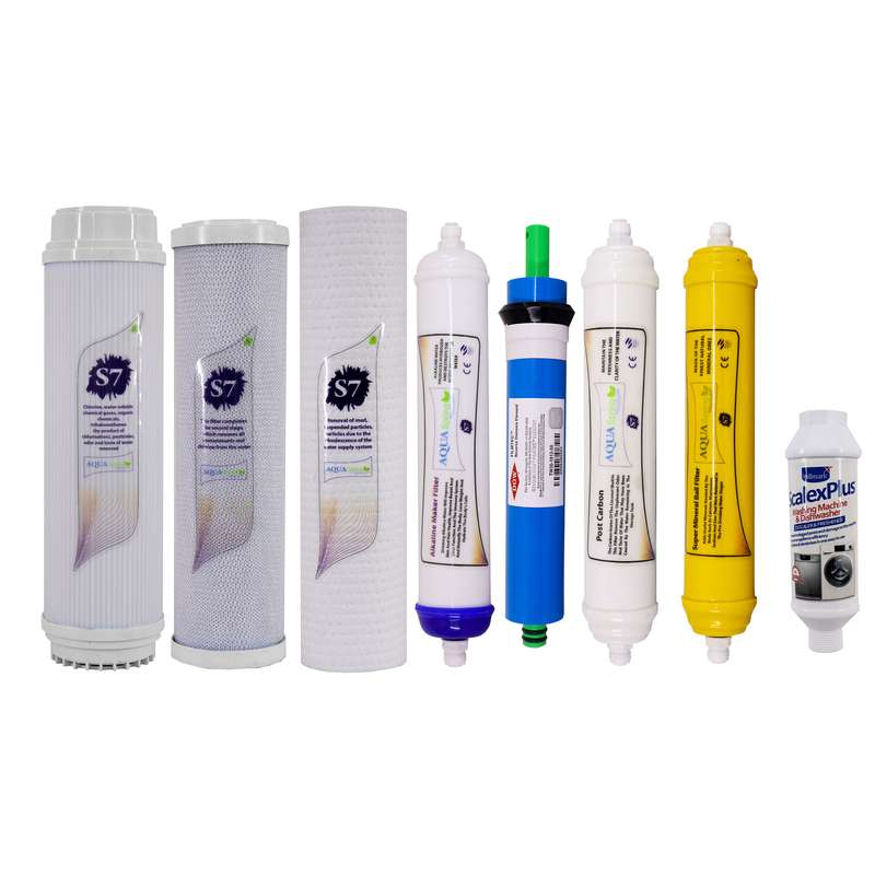 فیلتر دستگاه تصفیه آب آکوآ اسپرینگ مدل F-S7-W8A مجموعه 8 عددی به همراه رسوبگیر اسکالکس پلاس