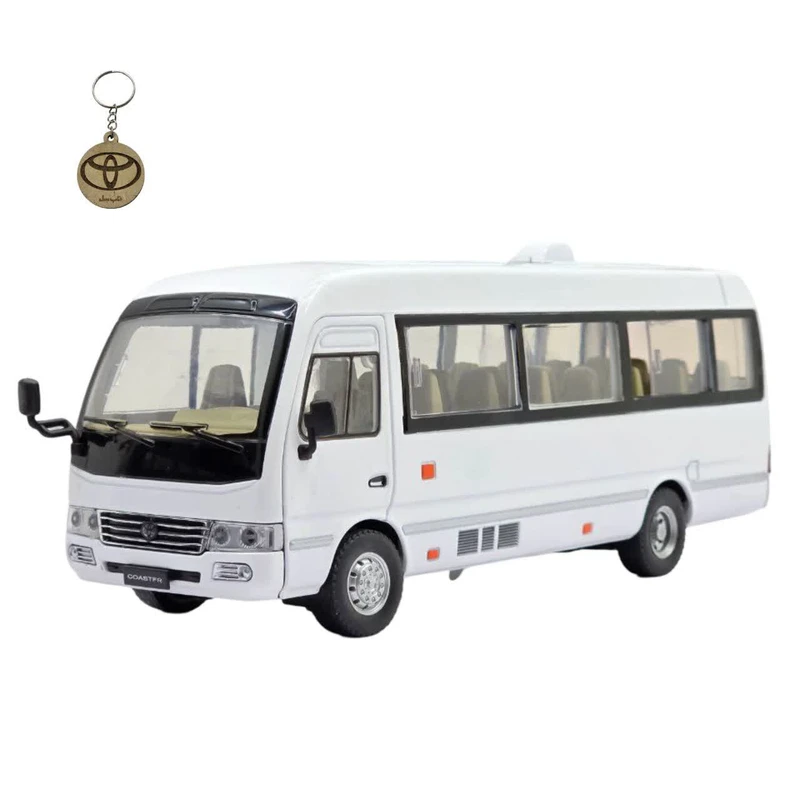ماکت ماشین ناب سل مدل مینی بوس تویوتا کاستر فلزی سانروف چراغدار موزیکال عقب کش Toyota Coaster Bus به همراه جاسوییچی 