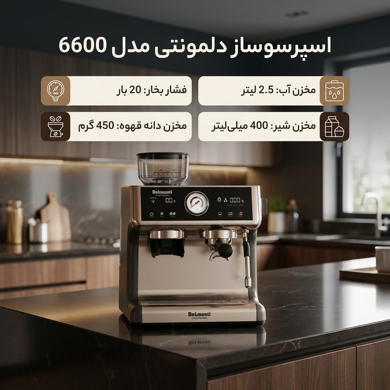 اسپرسوساز خانگی 2500 میلی‌لیتر دلمونتی مدل 6600 با فشار بخار 20 بار، نازل بخار، قطع خودکار و سینی چکه‌گیر قابل جداسازی