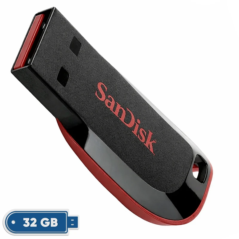فلش مموری سن دیسک cruzer blade cz50 ظرفیت 32 گیگابایت با رابط usb 2.0، سرعت انتقال 30 مگابایت بر ثانیه، طراحی بدون درپوش و بدنه مات مقاوم در برابر لک و اثر انگشت، دارای شیار اتصال بند و نرم افزار امنیتی