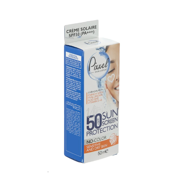 کرم ضدآفتاب بیرنگ پیکسل، با SPF50، مدل Sensitive، حاوی محافظ UVA ،UVB و +++PA، فاقد گلیسیرین، حاوی ویتامین E و B+، مناسب پوستهای خشک و حساس، حجم 50 میلیلیتر مجموعه دو عددی