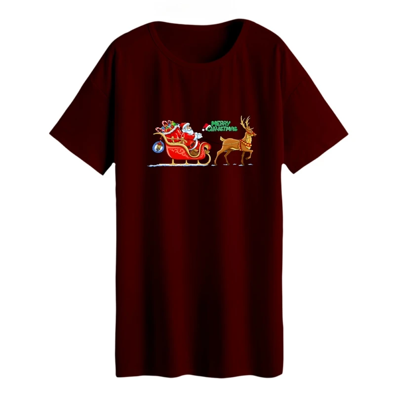 تی شرت لانگ آستین کوتاه زنانه مدل بابانوئل و گوزن کریسمس کد 2