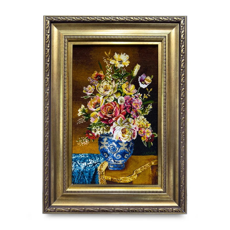 تابلو فرش دستباف طرح گلدان گل رز و مینا عمودی کادویی کد TB-TA-GL-35