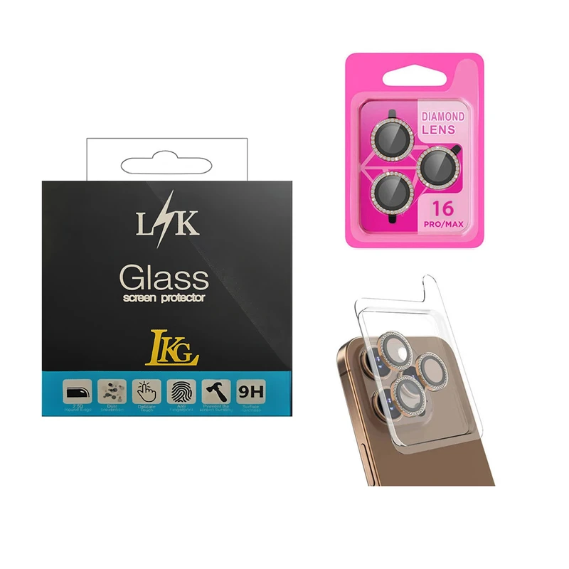 محافظ لنز دوربین ال کا جی مدل نگین دار مناسب برای گوشی موبایل اپل iPhone 16 Pro Max