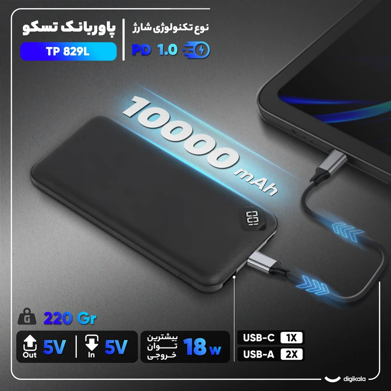 عکس شماره 2 : پاوربانک 18 وات تسکو مدل tp 829l ظرفیت 10000 میلی آمپر ساعت