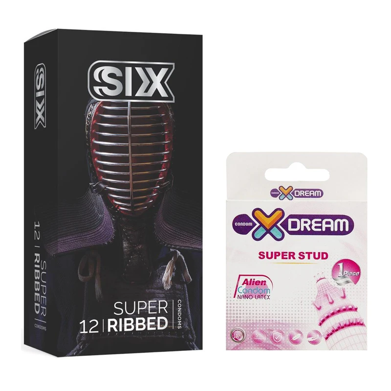 کاندوم سیکس مدل Super Ribbed بسته 12 عددی به همراه کاندوم ایکس دریم مدل Super Stud
