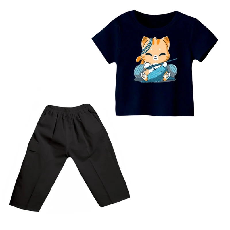 ست تی شرت و شلوارک دخترانه مدل گربه کد ۲۵