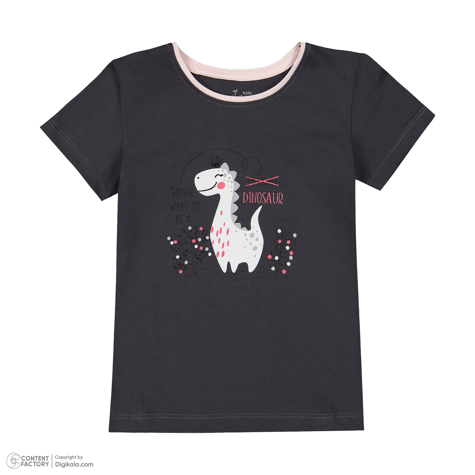 ست تی شرت و شلوار دخترانه ناربن مدل دایناسور رنگ طوسی - - 5