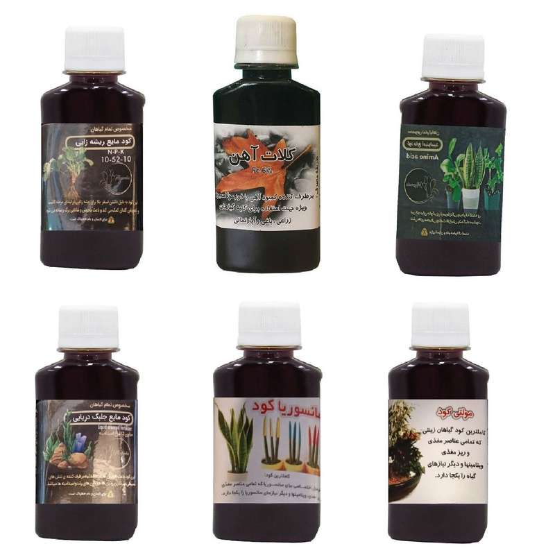 کود مایع فسفر ریشه زایی 10-52-10 و کلات آهن و امینو اسید و کود جلبک دریایی و کود سانسوریا و مولتی کود مدل life drop حجم 120 میلی لیتر