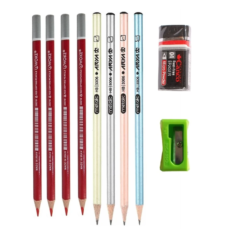مداد مشکی آریا مدل کوه به همراه مداد قرمز و تراش و پاک کن مجموعه 10 عددی