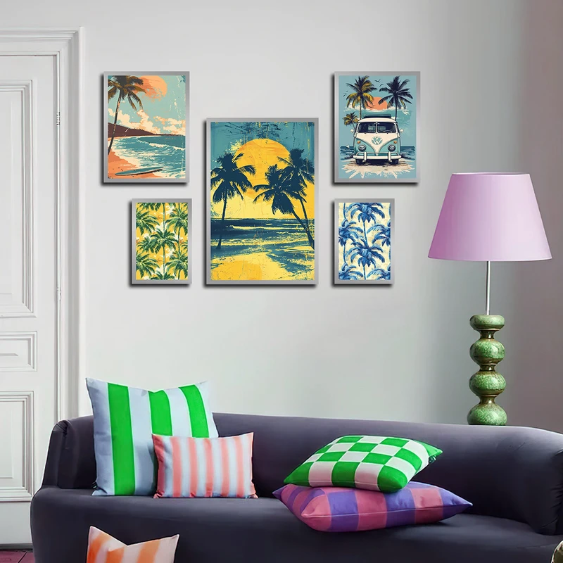 تابلو بکلیت طرح طبیعت غروب و نخل مدل SI-3226 فریم نقره ای مجموعه 5 عددی