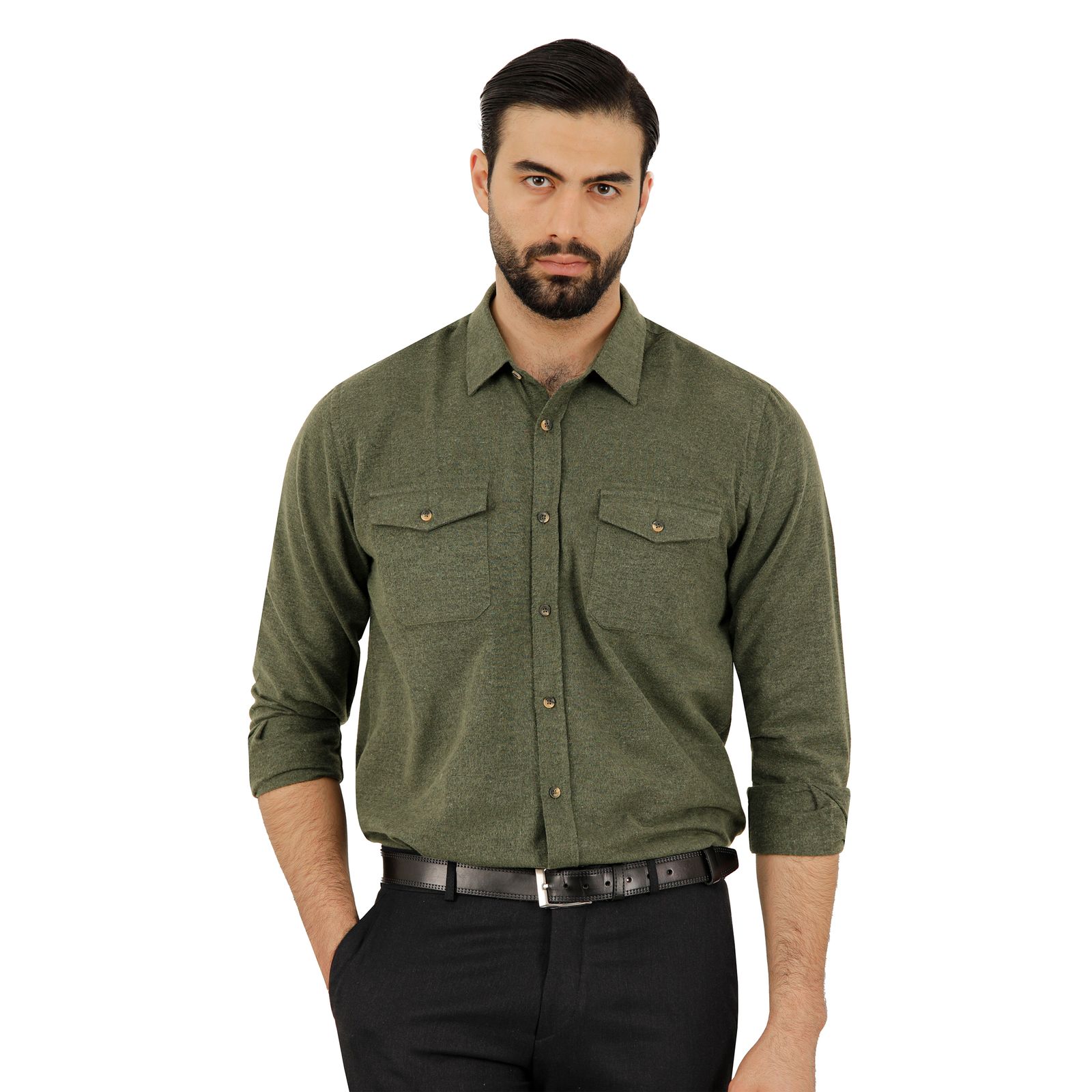 پیراهن آستین بلند مردانه پاتن جامه مدل پشمی 402721020209335 رنگ سبز