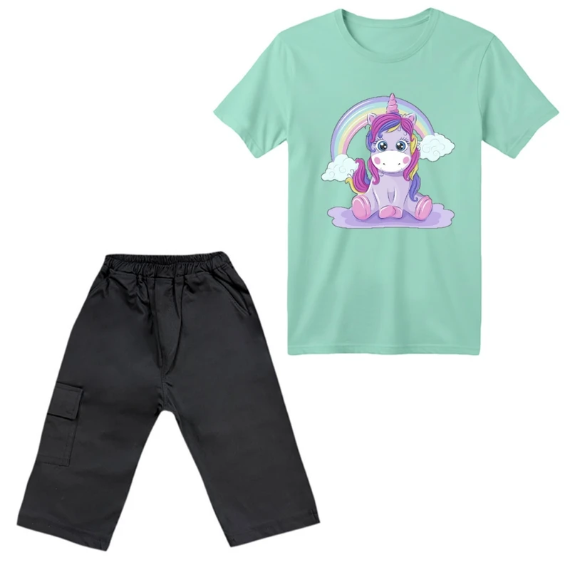 ست تی‌شرت آستین کوتاه و شلوارک دخترانه مدل یونیکورن کد ۵۱ رنگ سبز روشن