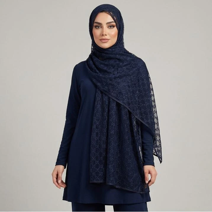 شال زنانه مدل توری گیپور زنجیری دور نوار دوزی مجلسی