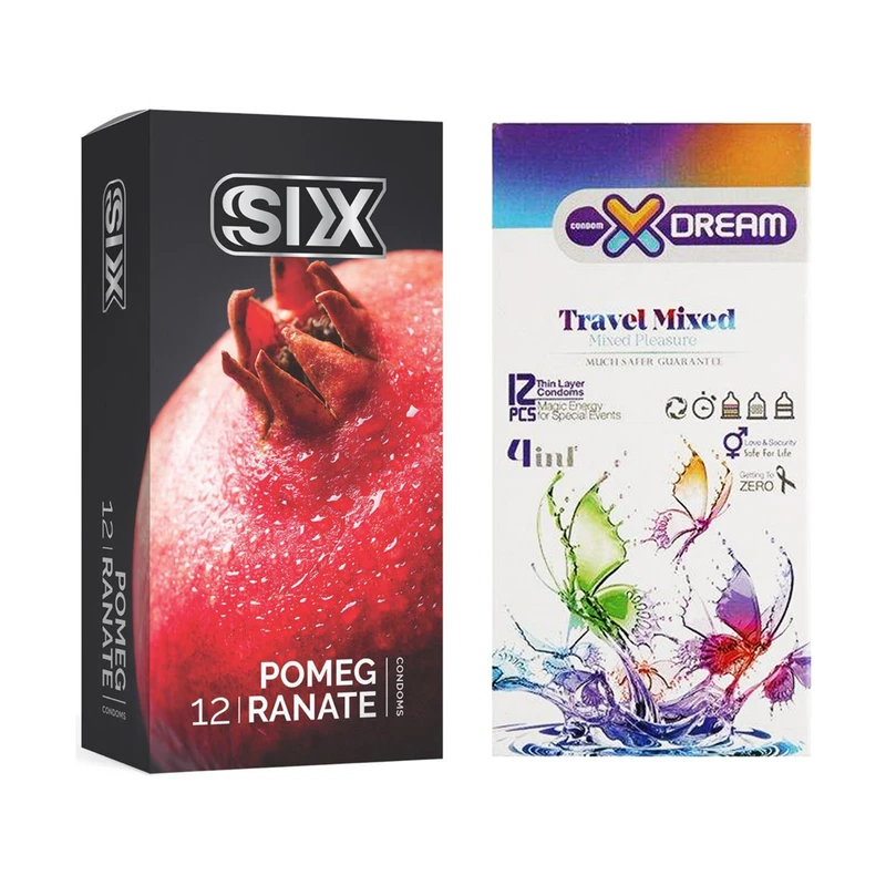 کاندوم سیکس مدل Pomegranate بسته 12 عددی به همراه کاندوم ایکس دریم مدل Travel Mixed بسته 12 عددی
