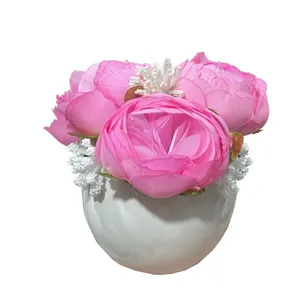 گلدان به همراه گل مصنوعی مدل سه پیونی توپی