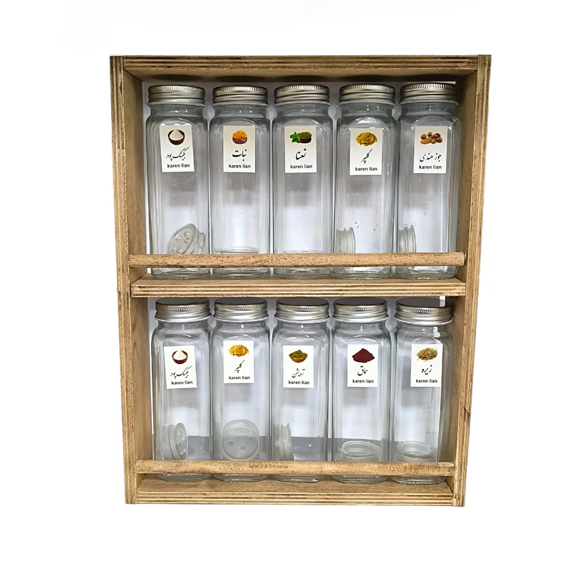 جای ادویه 10 پارچه مدل شیشه ای به همراه استند