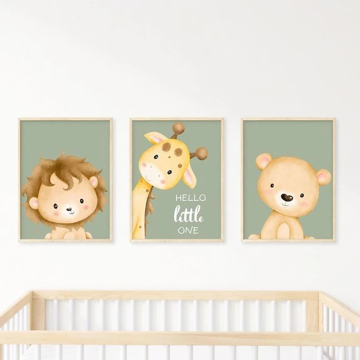 تابلو کودک و نوزاد مدل شیر و زرافه و خرس Hello little one مجموعه 3 عددی