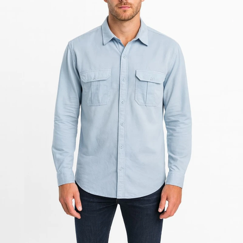 پیراهن آستین بلند یقه برگردان مردانه مدل کتان دو جیب